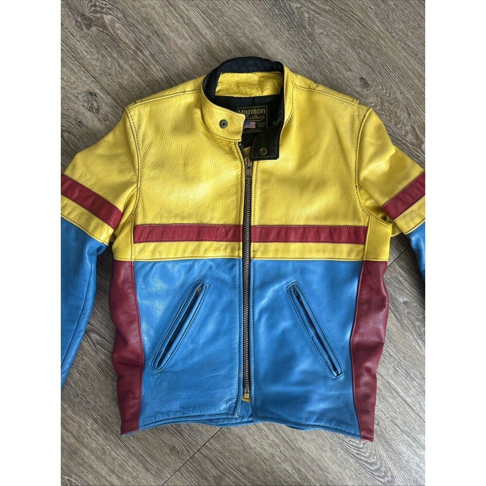 70s Vanson Men's Leather Motorcycle Jacket Size 38 Yellow Blue Red Custom Vtg